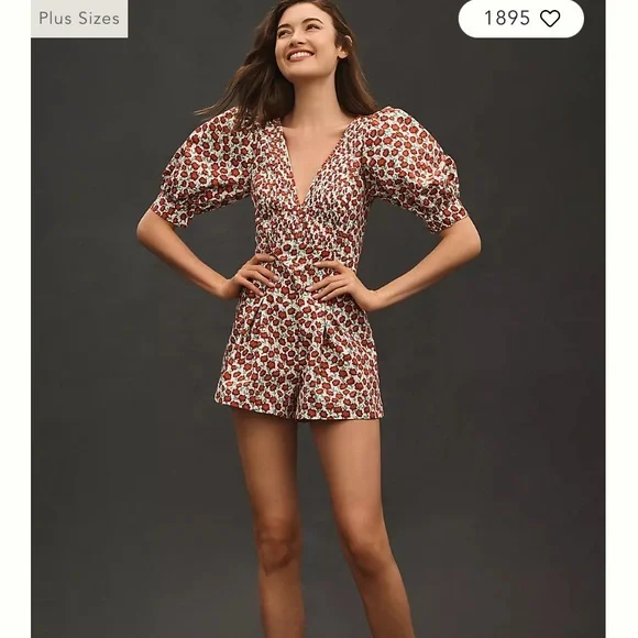 Maeve Floral Puff Sleeve Romper - Red and White - Picture 4 of 12